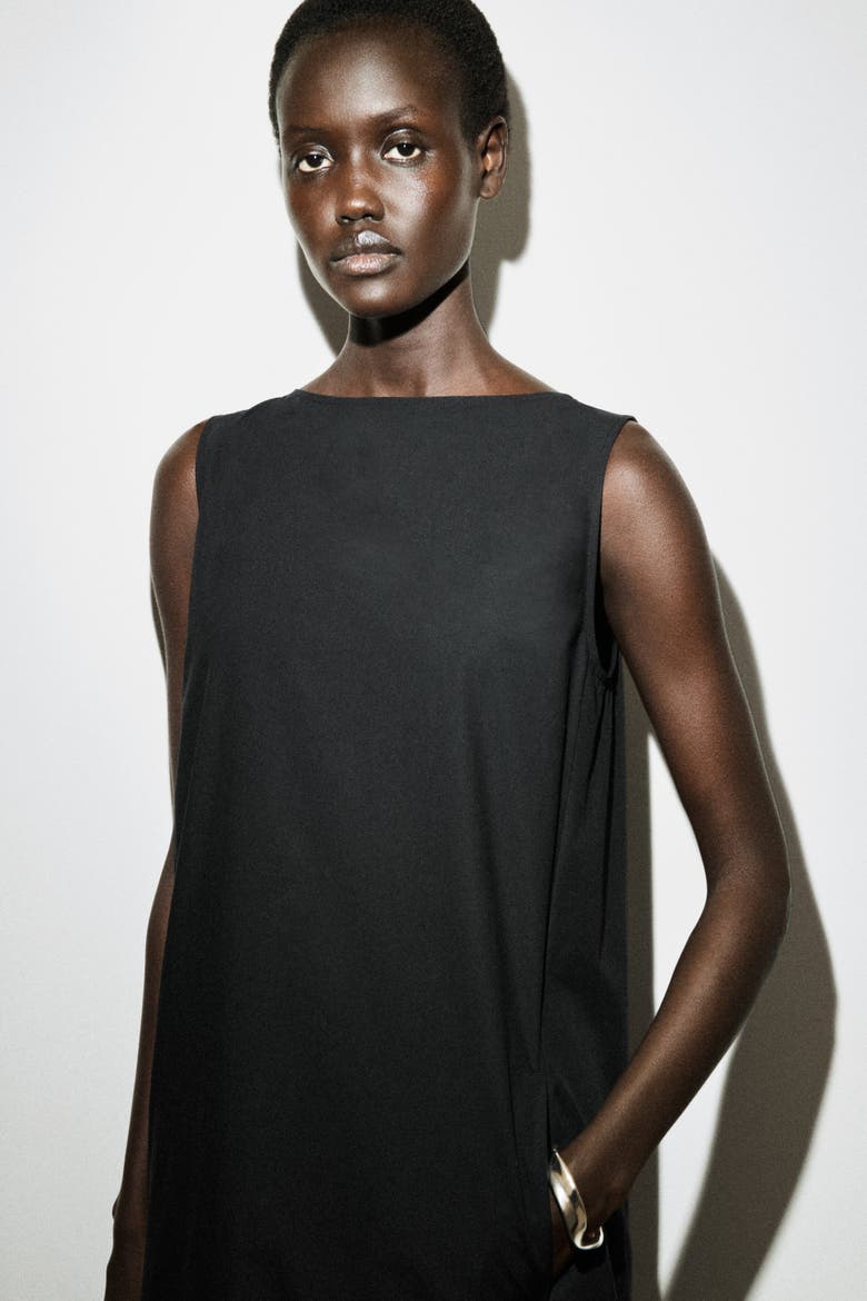 Dropped-hem Cotton Midi Dress, Alternate, color, BLACK