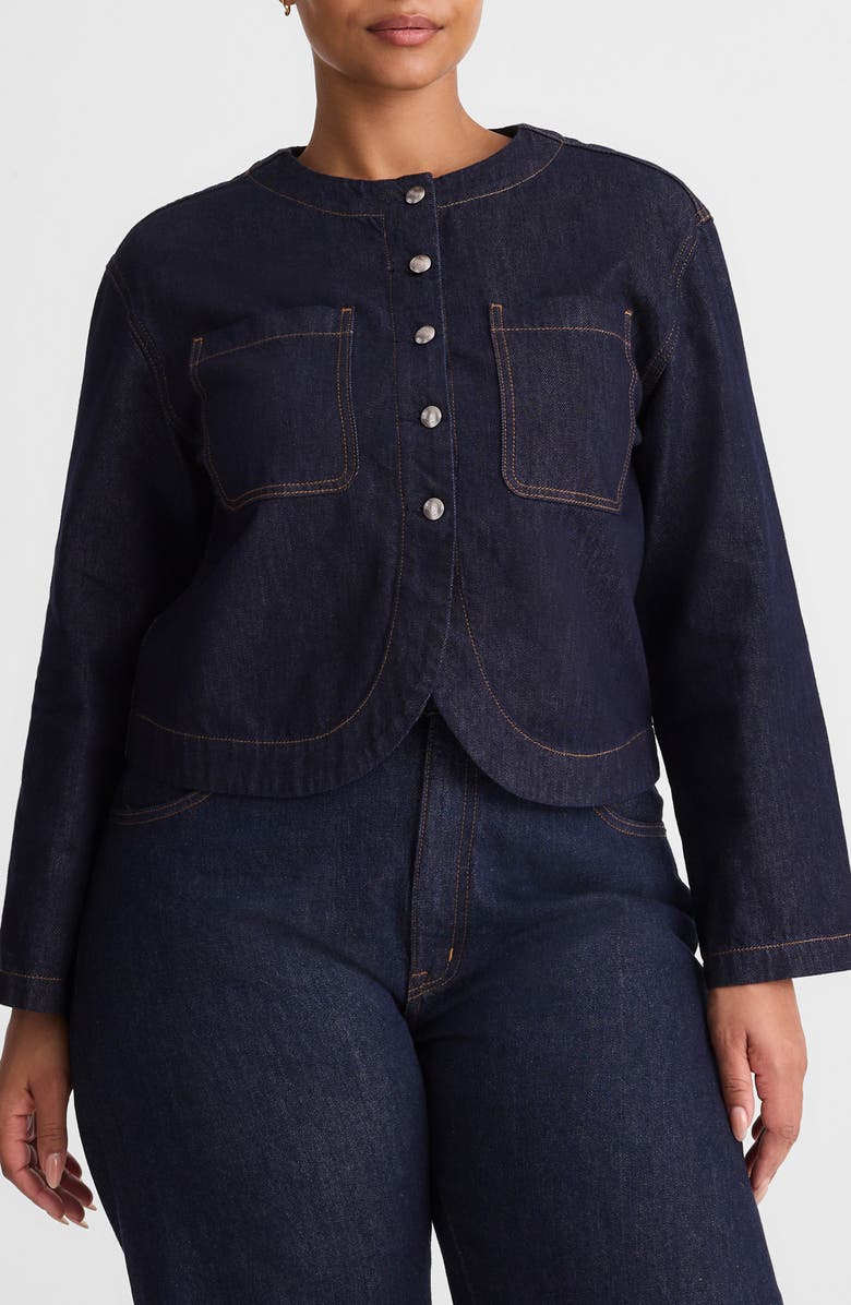 Madewell Collarless Denim Cutaway Jacket, Main, color, Rinse Wash