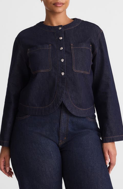 Collarless Denim Cutaway Jacket