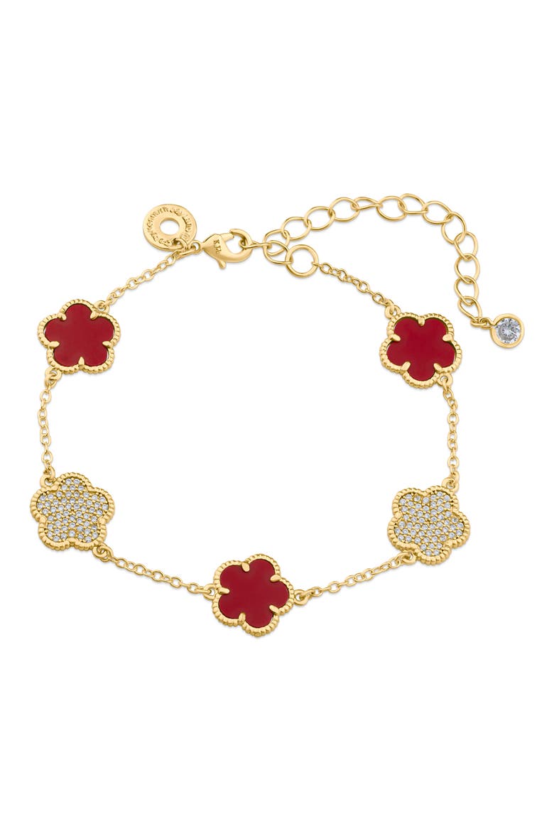 Cubic Zirconia & Red Stone Clover Line Bracelet, Main, color, RED/ GOLD