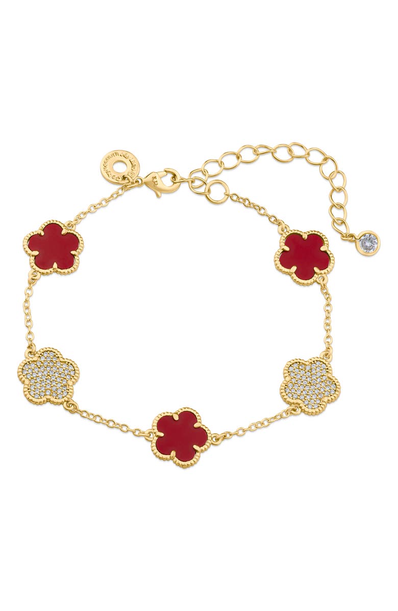 CZ by Kenneth Jay Lane Cubic Zirconia & Red Stone Clover Line Bracelet, Main, color,