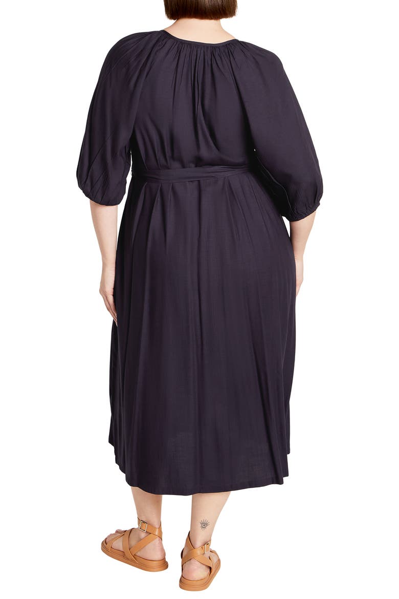 Davina Puff Sleeve Tie Waist Midi Dress, Alternate, color, NAVY