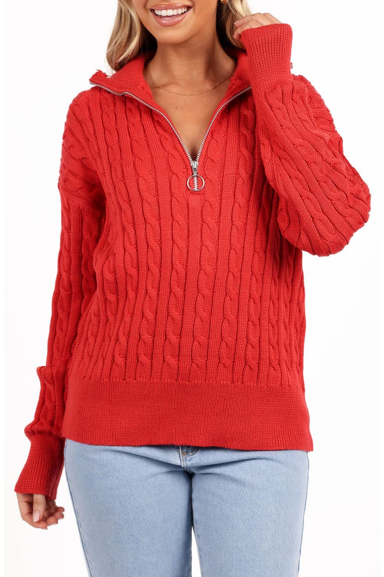 Frida Cable Knit Half Zip Sweater, Main, color, RED