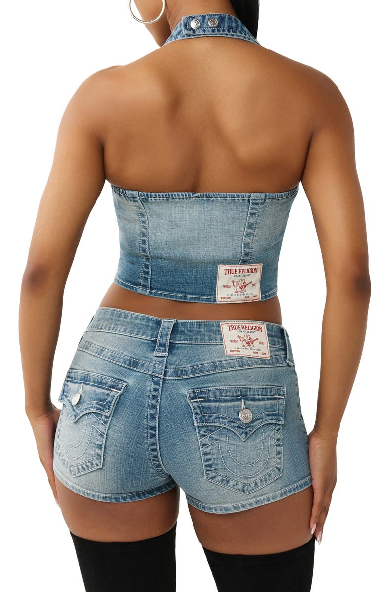 True Religion Faded Halter Crop Cotton Blend Denim Top, Alternate, color, Sunset Ticket