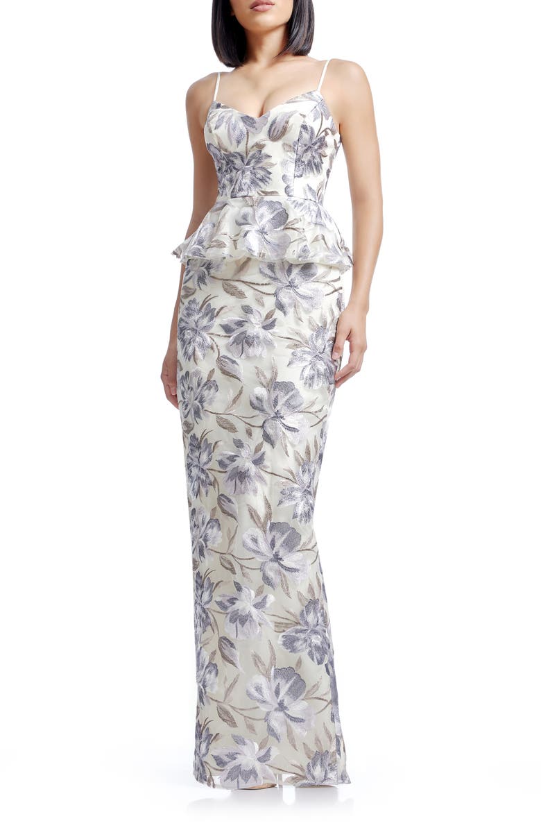 Dress the Population Akiah Floral Embroidered Chiffon Gown, Main, color, Ivory Multi