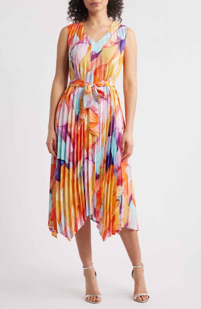 Tahari ASL Abstract Print Pleated Handkerchief Hem Midi Dress, Main, color, Orange Multi