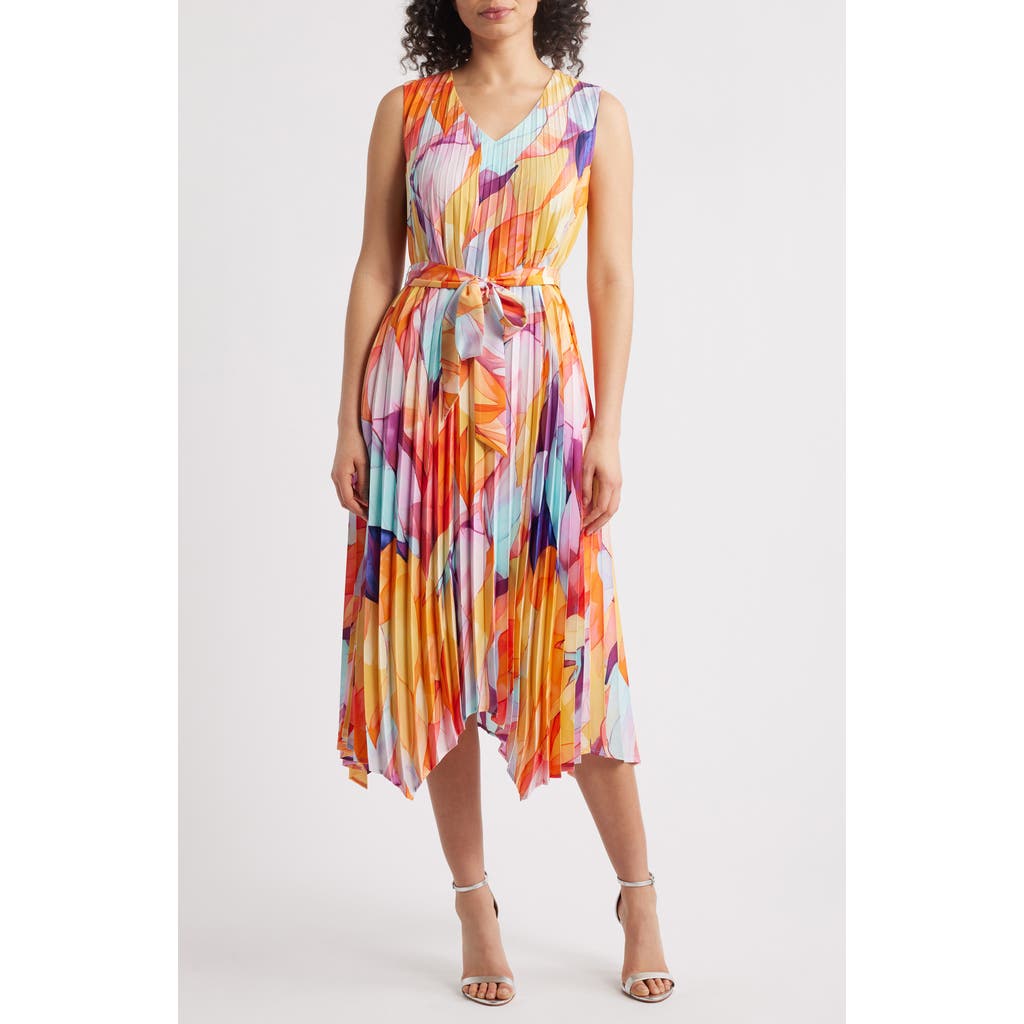 Tahari ASL Abstract Print Pleated Handkerchief Hem Midi Dress in Orange Multi  product