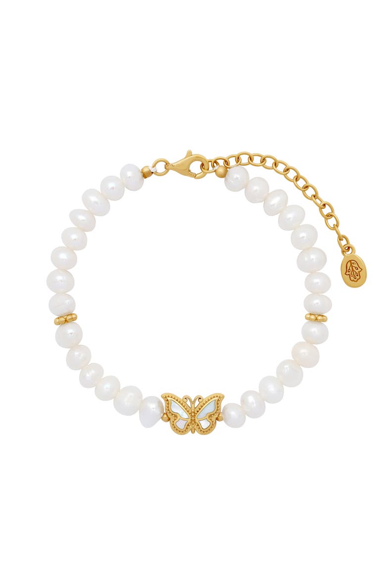 Spiritual Balance Pearl & Mother of Pearl Butterfly Gold Bracelet, Main, color, White/Gold