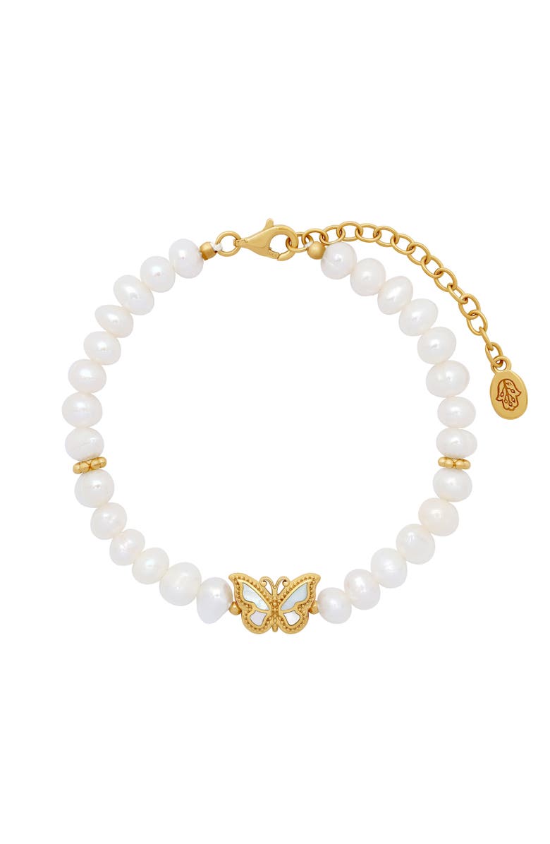 Karma and Luck Spiritual Balance Pearl & Mother of Pearl Butterfly Gold Bracelet, Main, color, White/Gold