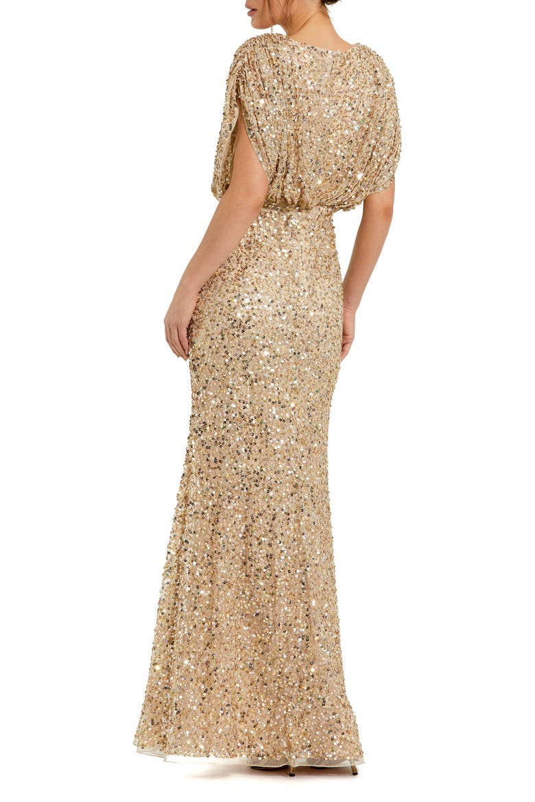 Petite Sequin Draped Sleeve V-Neck Gown, Alternate, color, Nude Gold