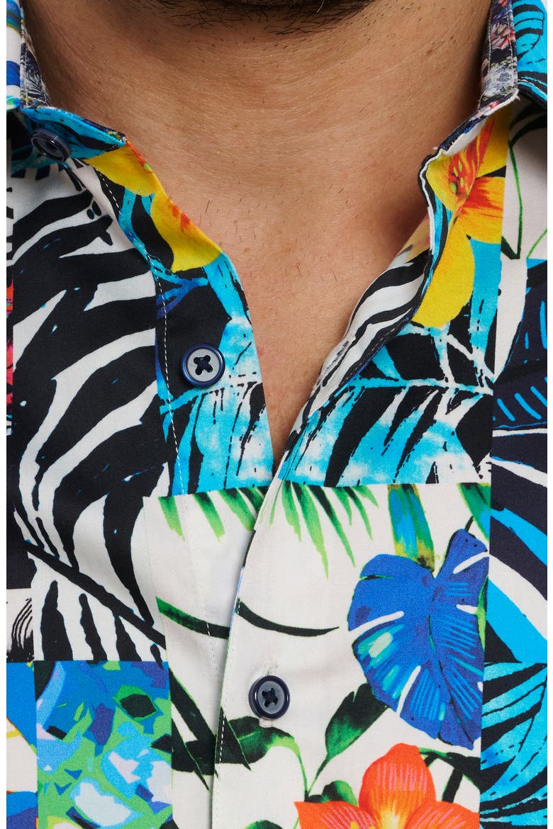 Tahiti Floral Stretch Cotton Button-Up Shirt, Alternate, color, BLUE MULTI
