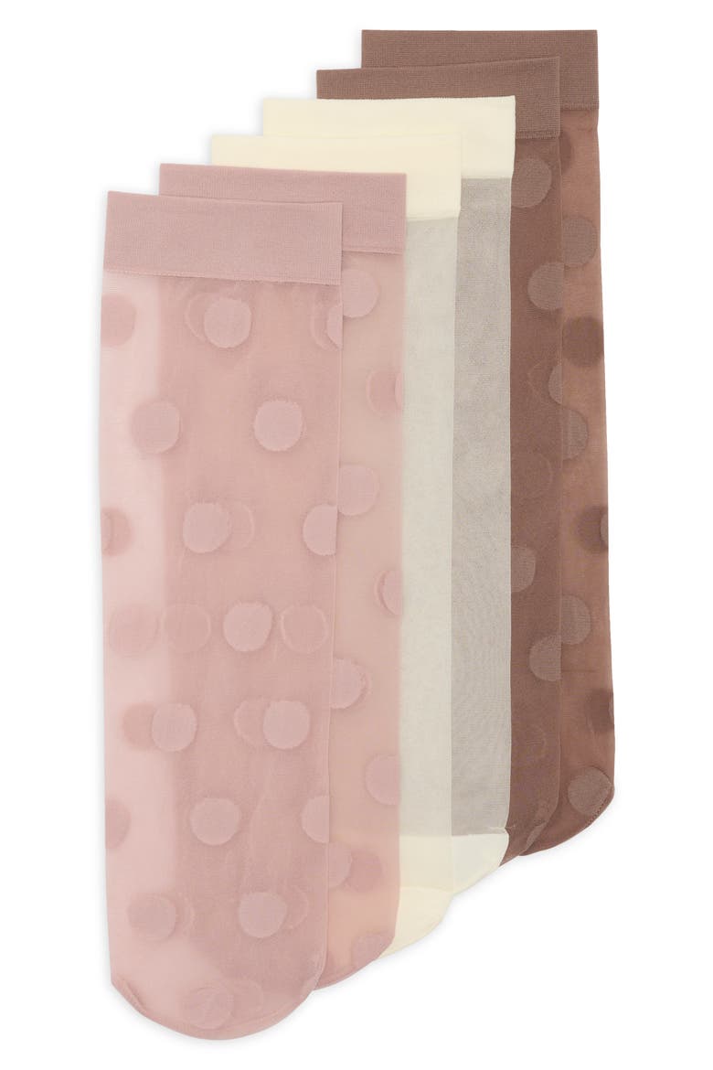 Assorted 3-Pack Sheer Dot Anklet Socks, Main, color, PETAL SAND MULTI