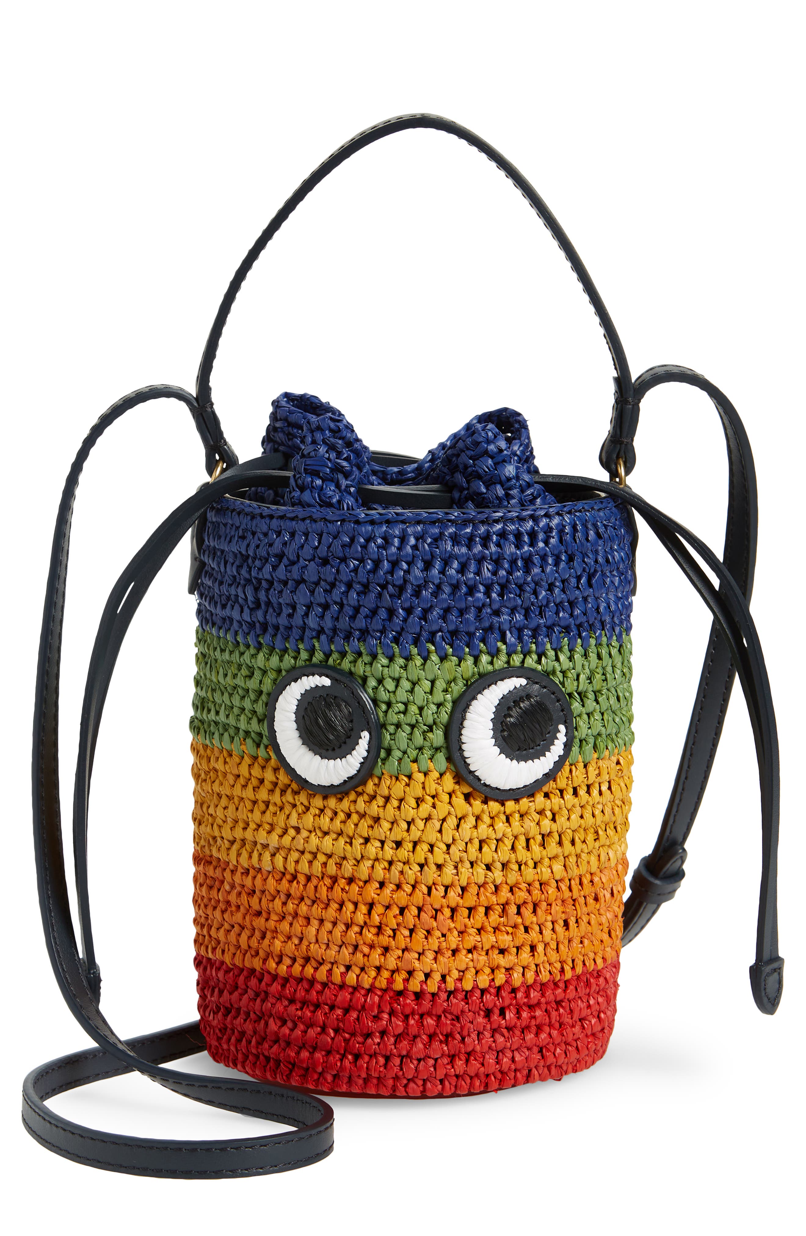 Anya Hindmarch Mini Eyes Raffia Cylinder Crossbody Bag, Main, color, 