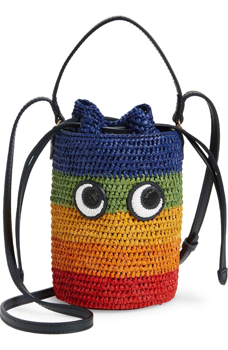 Anya Hindmarch Mini Eyes Raffia Cylinder Crossbody Bag, Main, color,