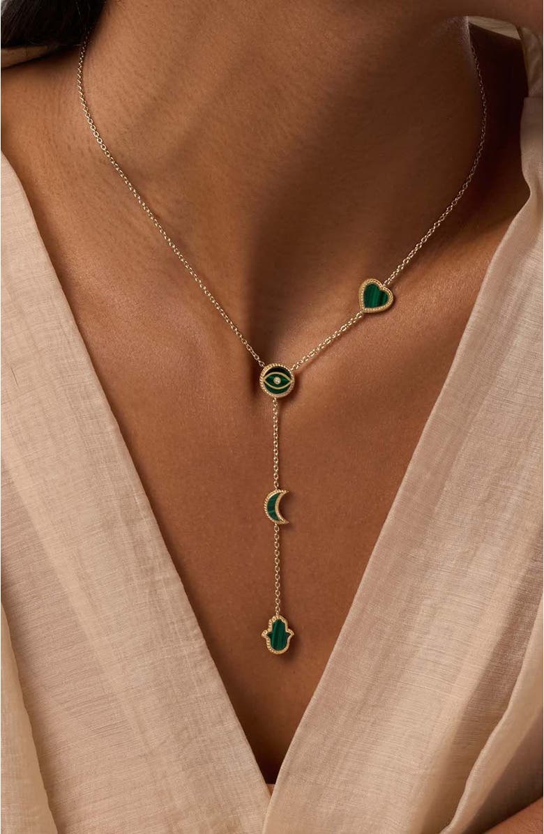 Karma and Luck Malachite Multi Symbol Gold Plated Lariat Necklace Enlightened Soul, Alternate, color, Gold/Green