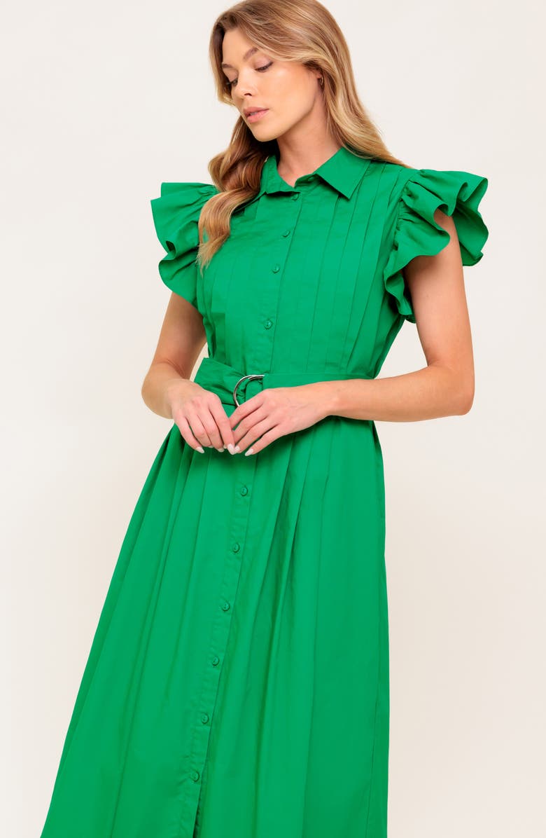 FLYING TOMATO Ruffle Cap Sleeve Belted Midi Shirtdress, Alternate, color, Green