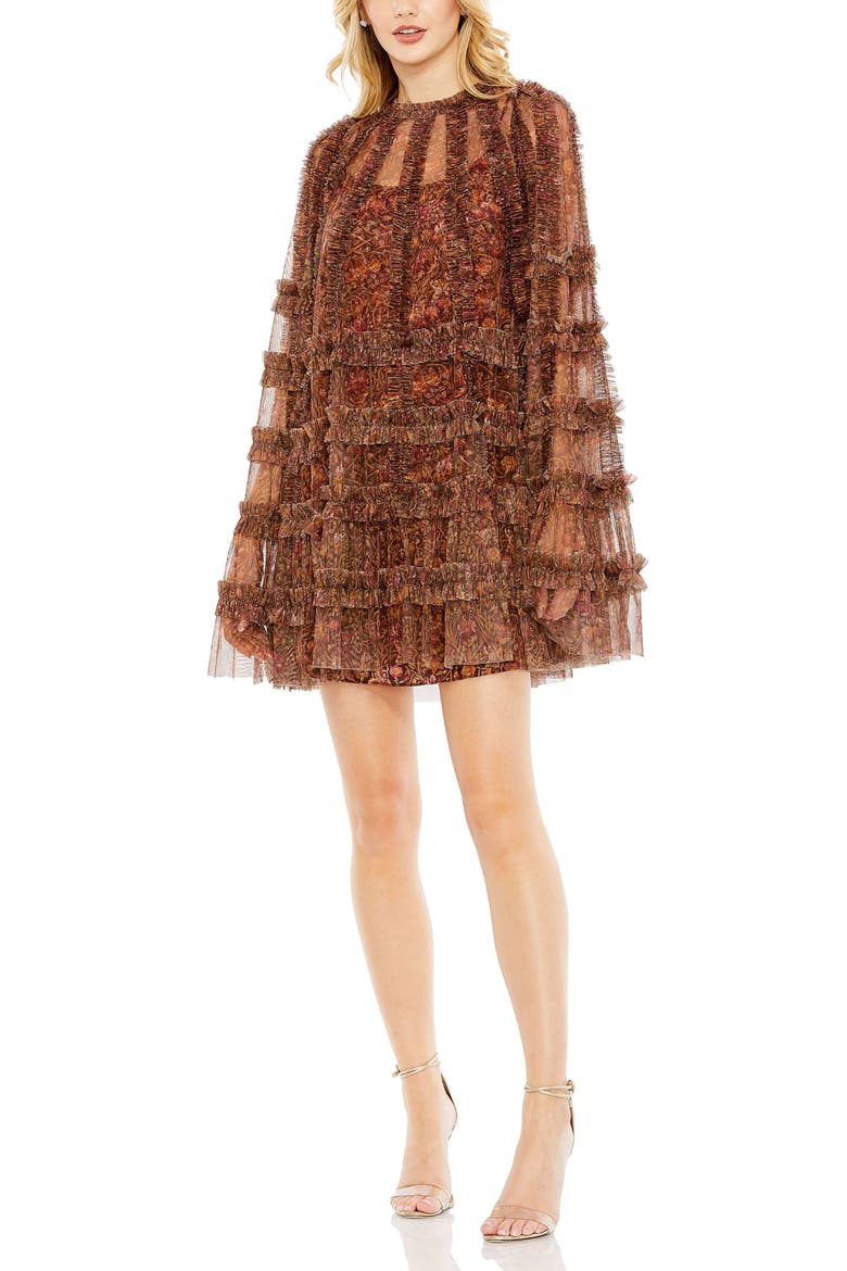 Floral Print Long Flare Sleeve Mesh A-Line Dress, Main, color, Brown Multi