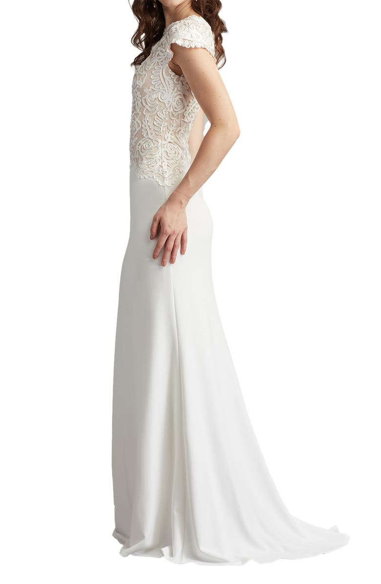 Tadashi Shoji Soutache Lace Cap Sleeve Trumpet Gown, Alternate, color, Ivory/ Petal
