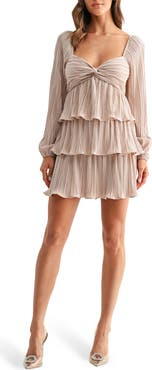 Lush Tiered Long Sleeve Plissé Dress