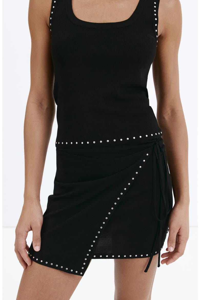 Studded Knit Wrap Miniskirt, Alternate, color, BLACK