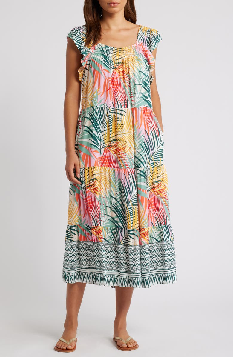 beachlunchlounge Eloise Flutter Sleeve Smocked Detail Sundress, Main, color, Green Heron