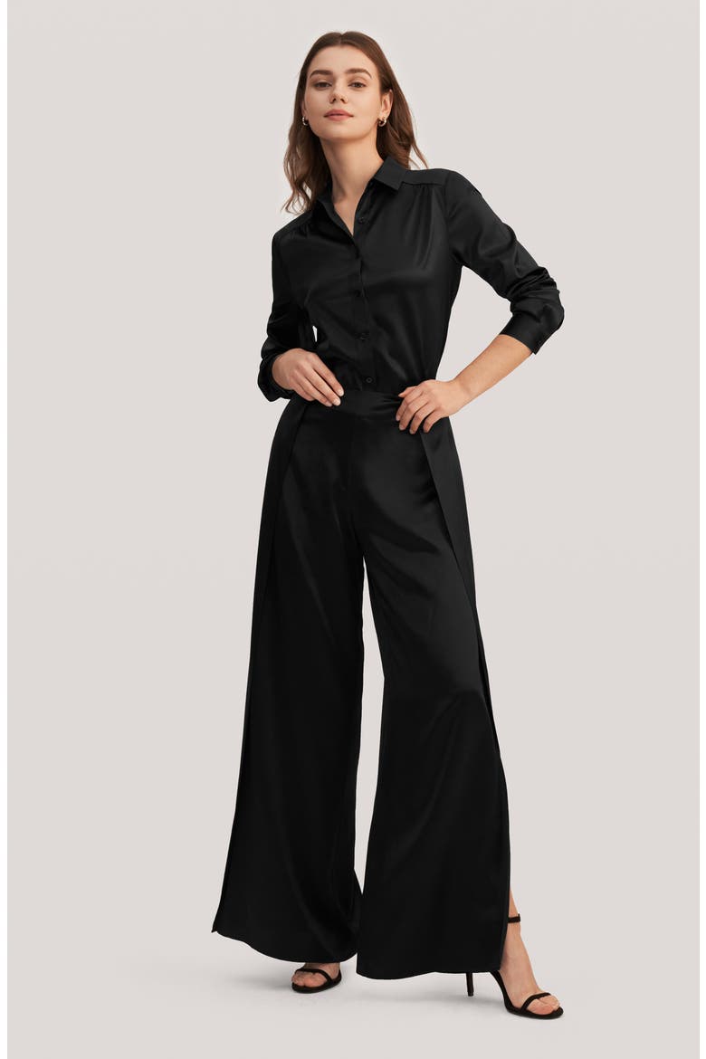 Long Sleeves Collared Silk Blouse, Alternate, color, Black