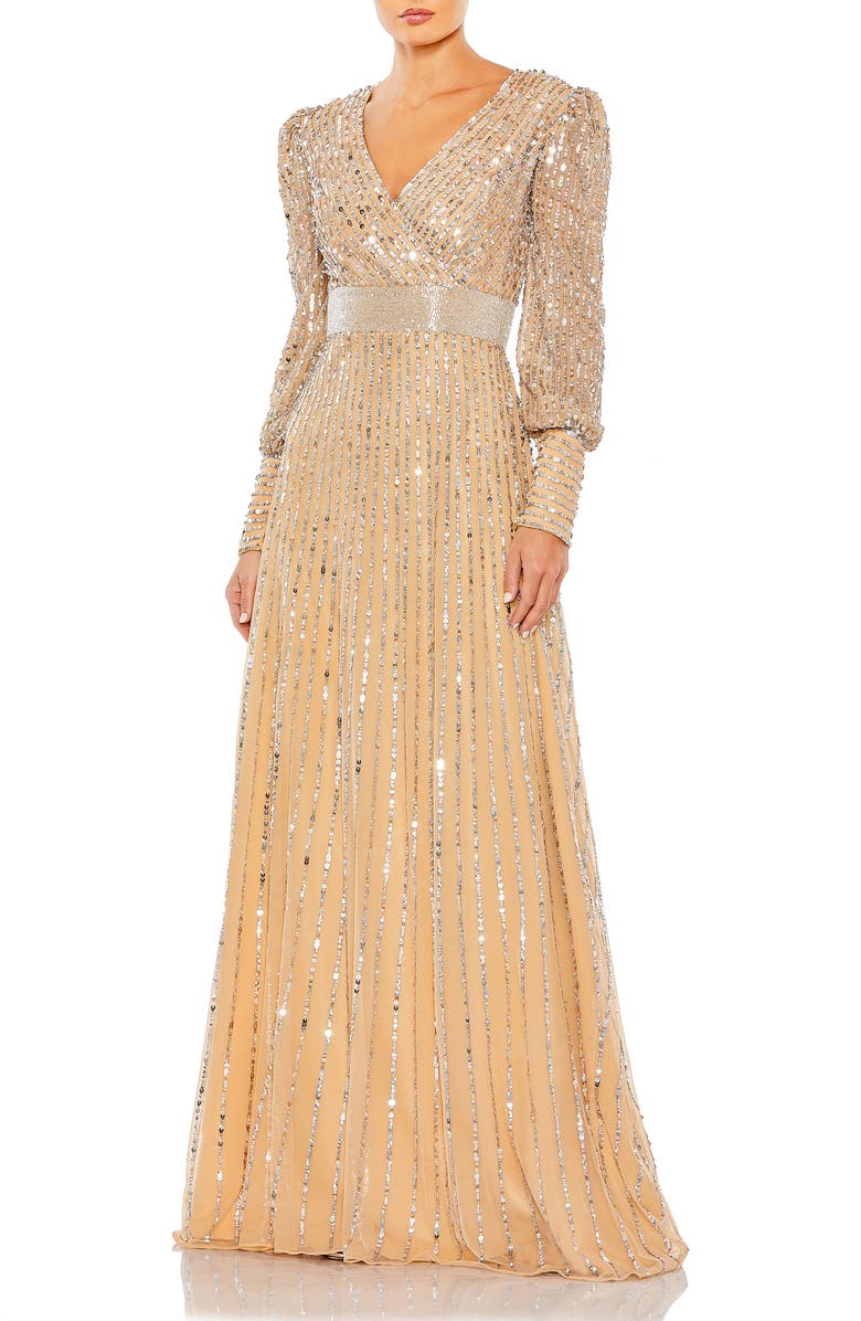 Mac Duggal Sequined Wrap Over Bishop Sleeve Gown, Main, color, Vanilla Silver