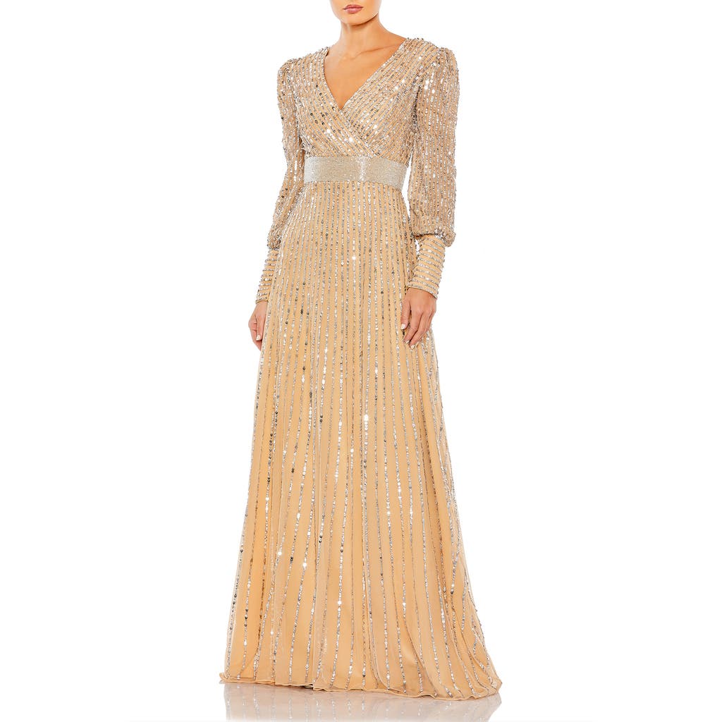MAC DUGGAL MAC DUGGAL SEQUINED WRAP OVER BISHOP SLEEVE GOWN