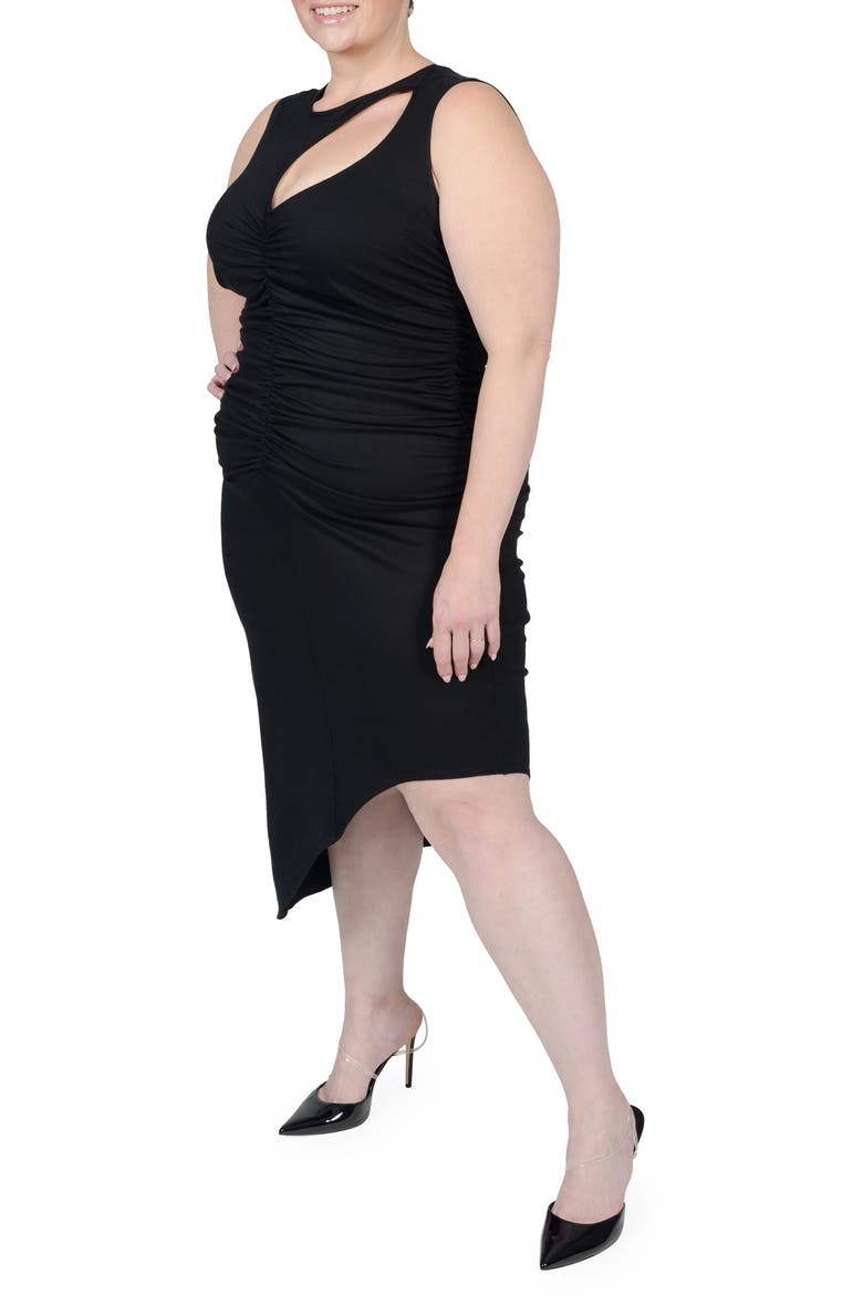 Sarah Cutout Asymmetric Shirred Dress, Alternate, color, BLACK