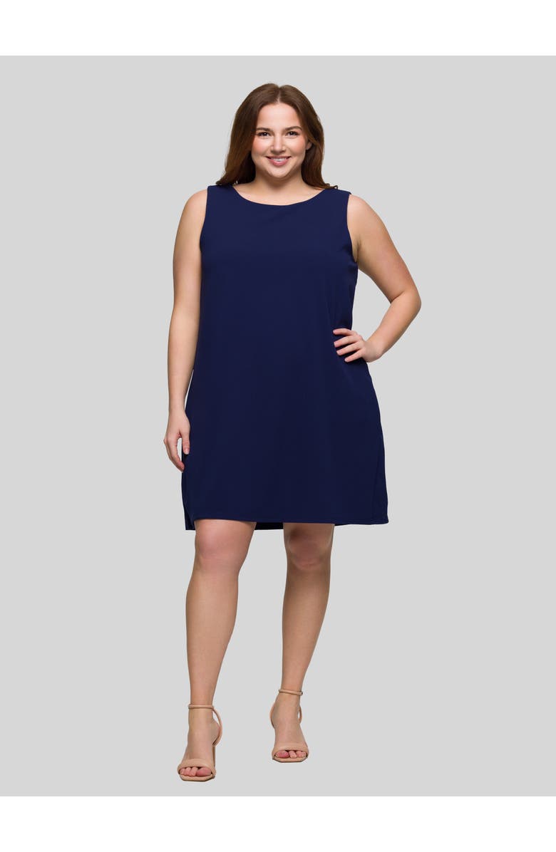 24seven Comfort Apparel Plus Size Solid Round Neck Sleeveless Mini Shift Dress, Main, color, Navy