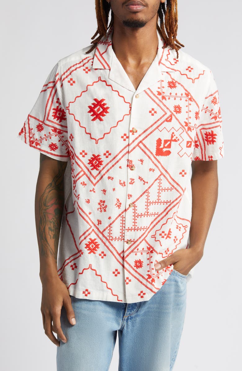 ASOS DESIGN Relaxed Fit Embroidered Cotton & Linen Camp Shirt, Main, color, 