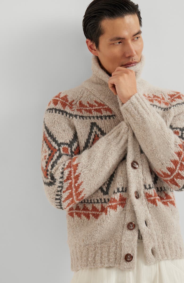 Brunello Cucinelli Geometric jacquard cardigan, Alternate, color, Buff