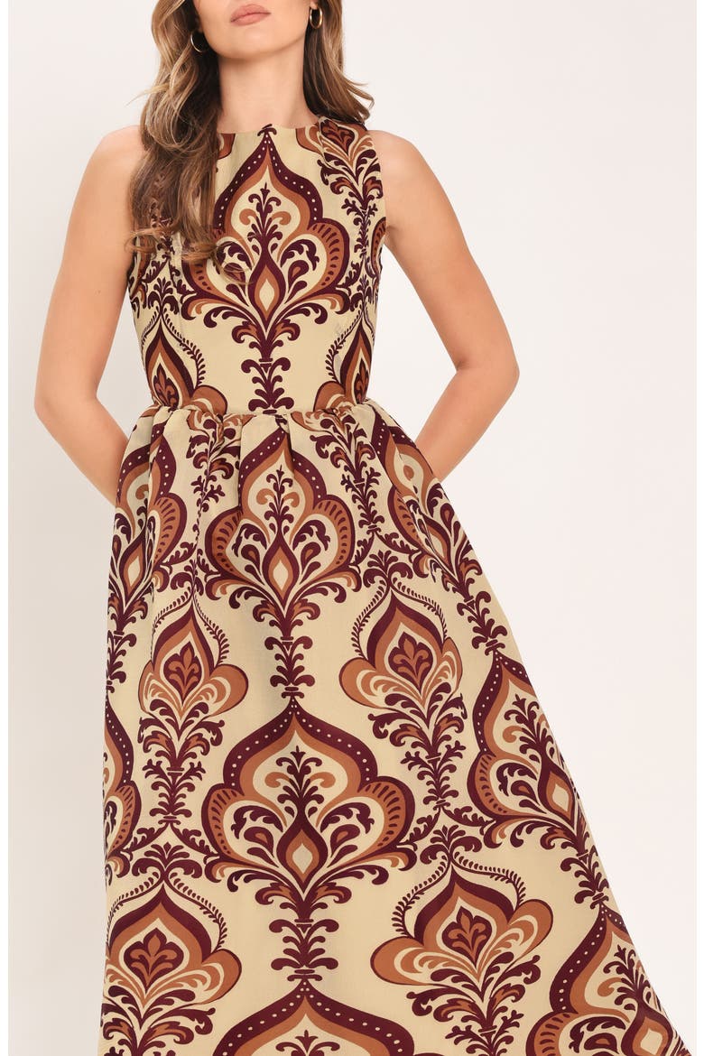Damask Print Sleeveless Fit & Flare Midi Dress, Alternate, color, TAUPE