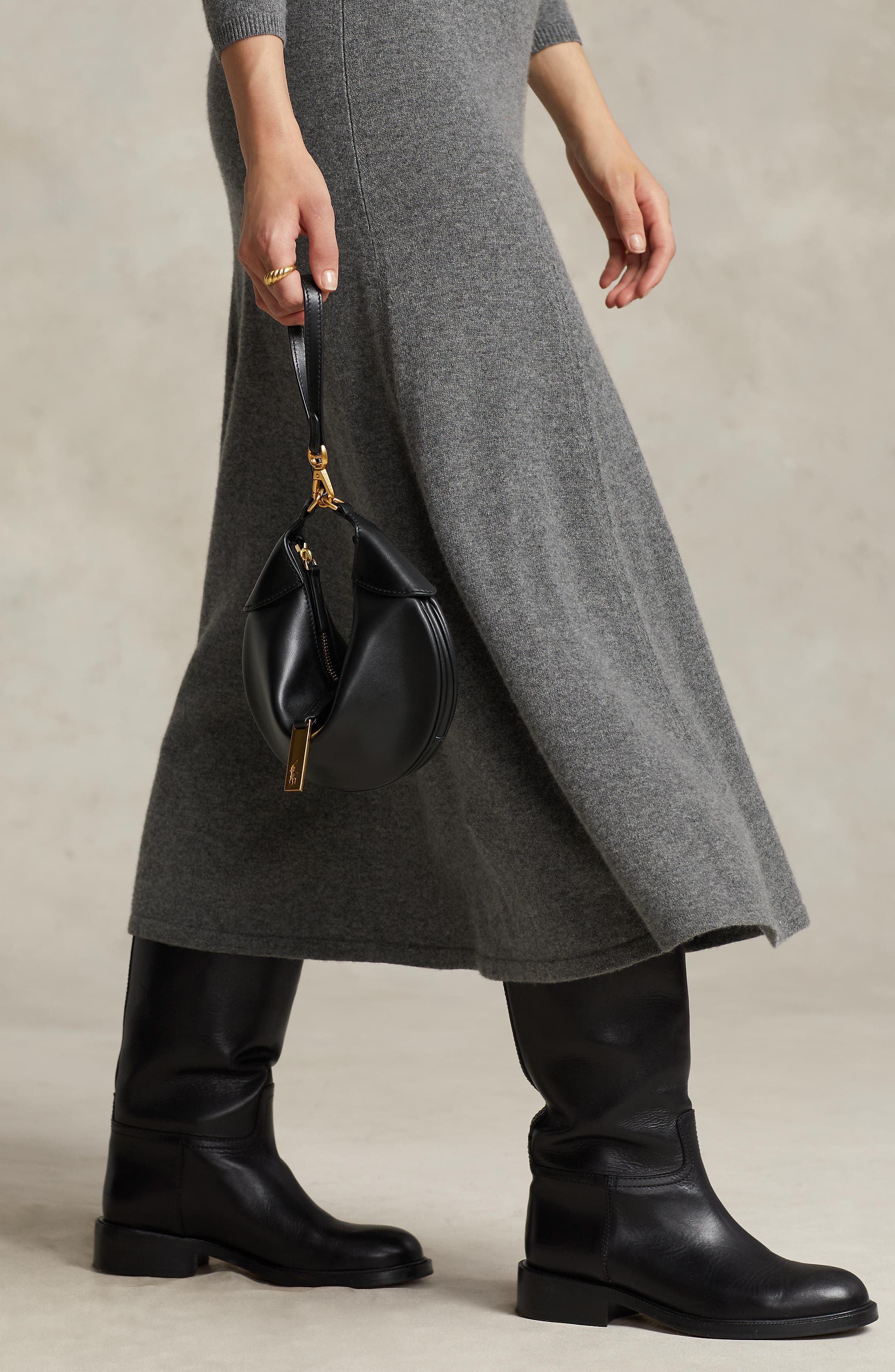 Polo Ralph Lauren Medium Polo ID Calf Leather Shoulder Bag, Alternate, color, Black