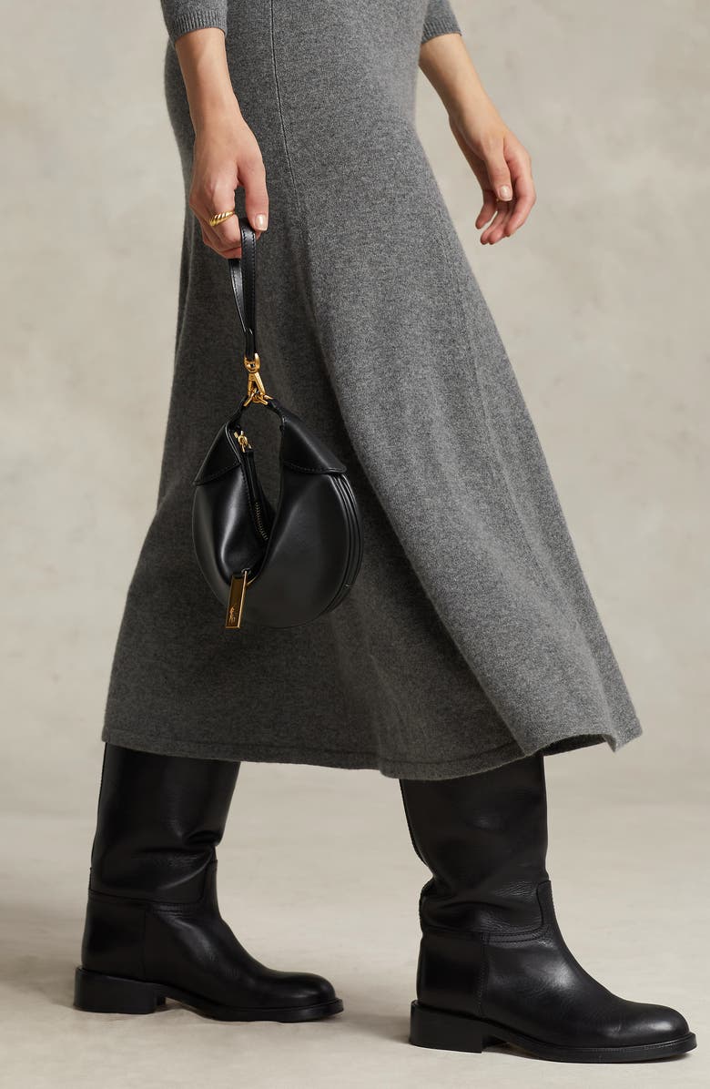 Polo Ralph Lauren Medium Polo ID Calf Leather Shoulder Bag, Alternate, color, Black