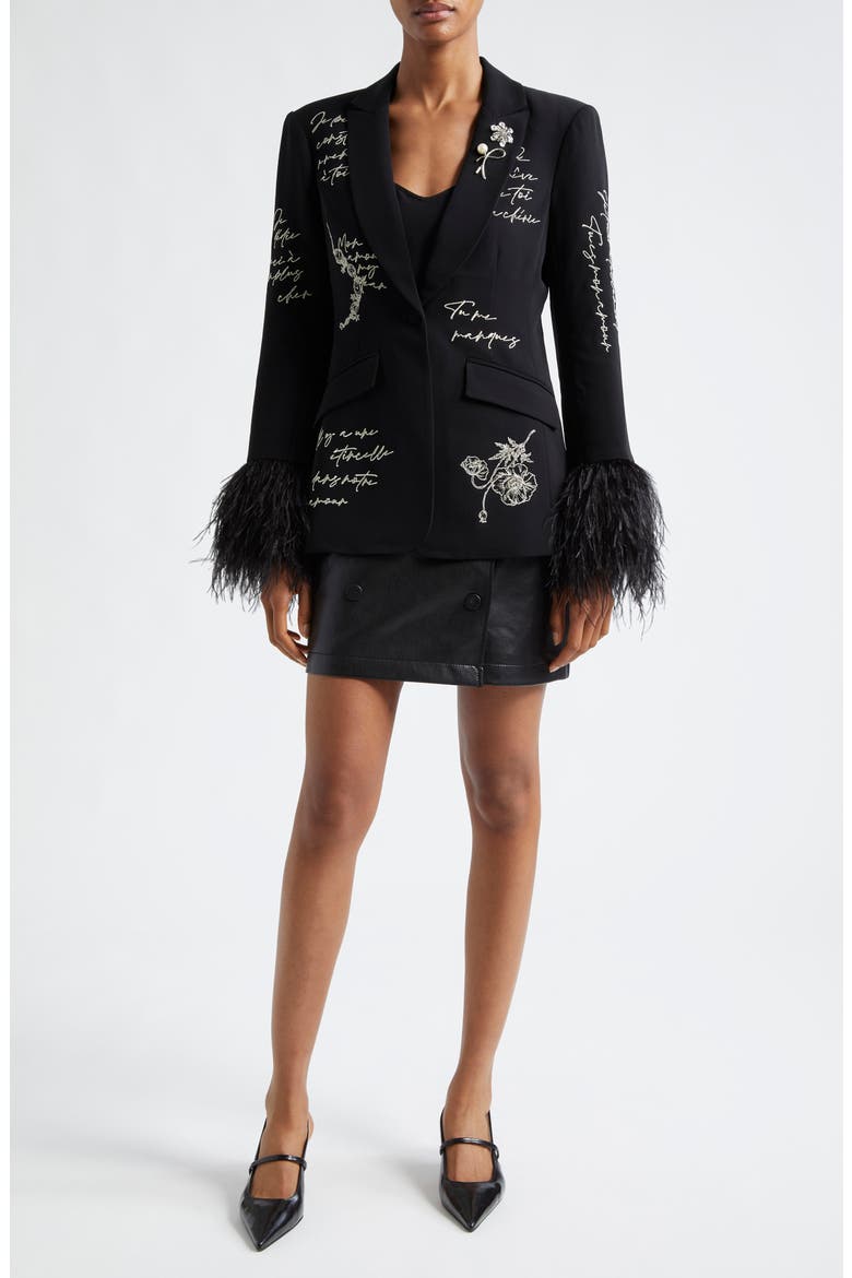 Cheyenne Love Letter Embroidered Feather Cuff Blazer, Alternate, color, BLACK/ IVORY