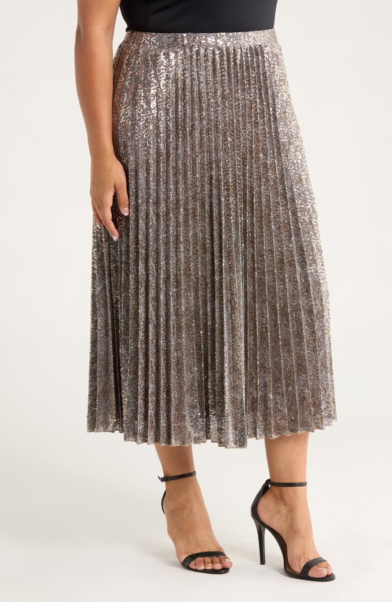 Anne Klein Sequin Pleated Pull-On Midi Skirt, Alternate, color, Pewter Multi