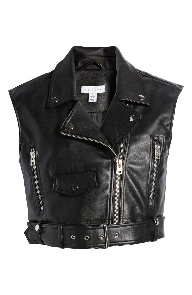 Topshop Crop Faux Leather Biker Vest, Alternate, color,