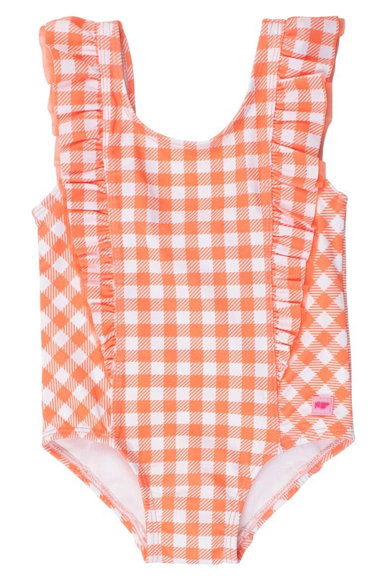 Gingham Waterfall Ruffle One-Piece Swimsuit, Main, color, ORANGE