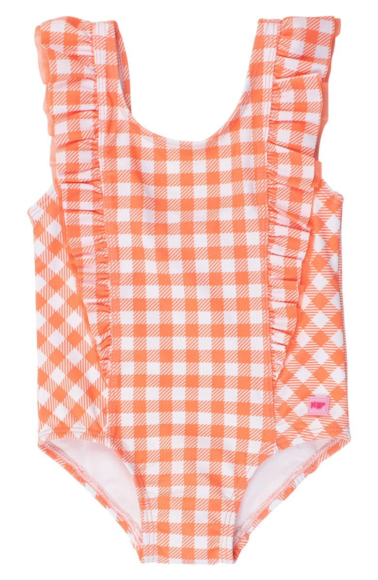 RuffleButts Gingham Waterfall Ruffle One-Piece Swimsuit, Main, color, Orange