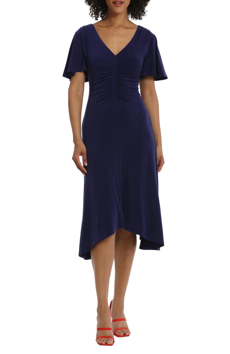 Maggy London Ruched Flutter Sleeve Midi Dress, Main, color,