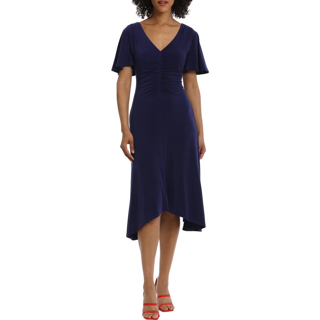 Maggy London Ruched Flutter Sleeve Midi Dress In Midnight