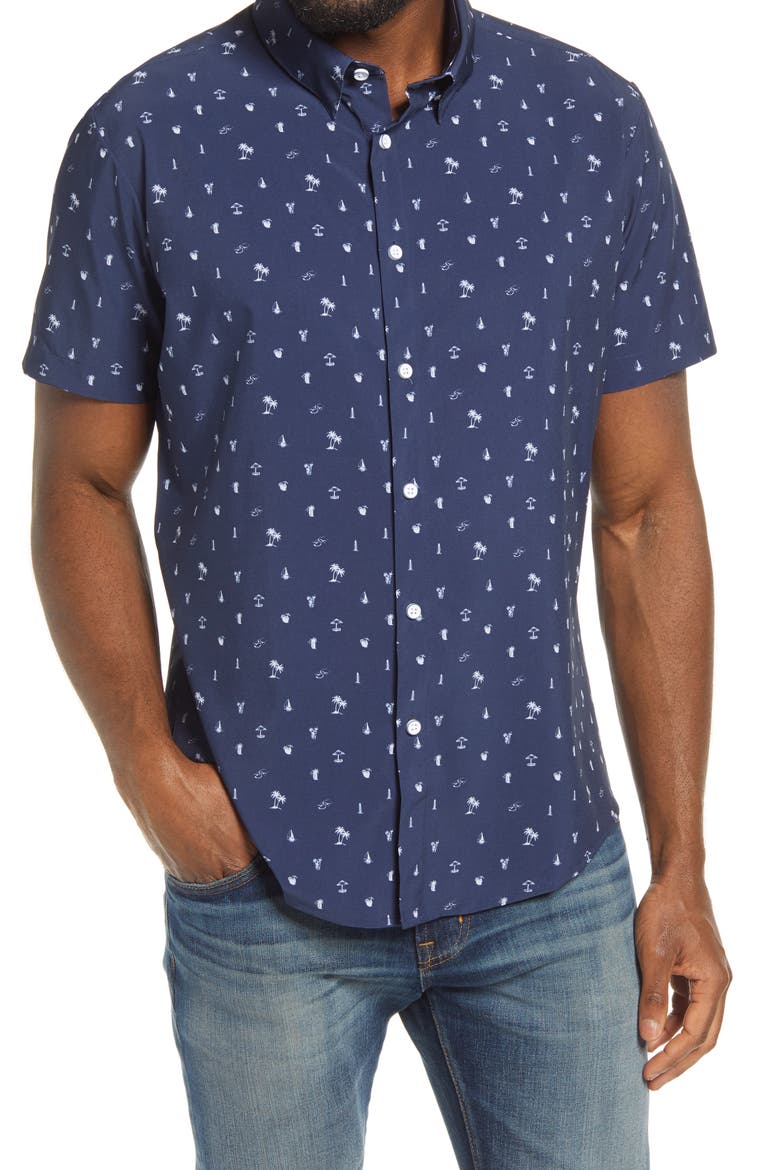 Leeward Trim Fit Short Sleeve Button-Up Performance Shirt, Main, color, NAVY WHITE BEACH PRINT