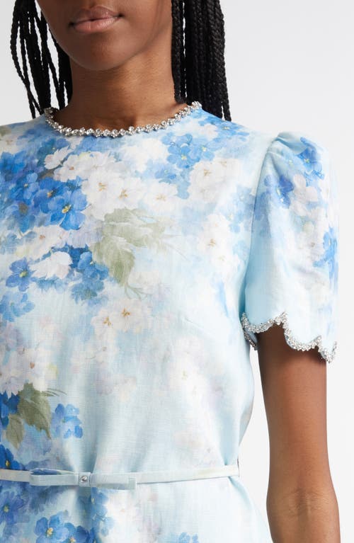 Shop Zimmermann Crystal Embellished Floral Scalloped Linen Minidress In Blue Floral