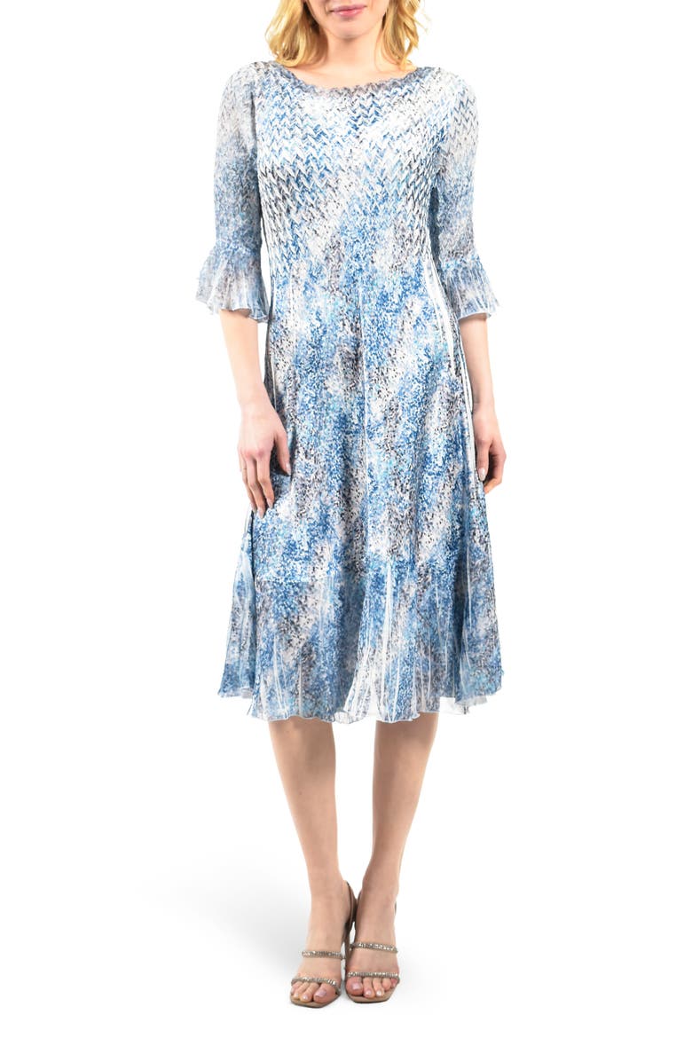 Bell Sleeve Charmeuse & Chiffon Cocktail Midi Dress, Main, color, STATIC