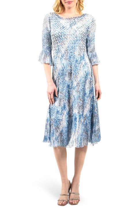 Bell Sleeve Charmeuse & Chiffon Cocktail Midi Dress