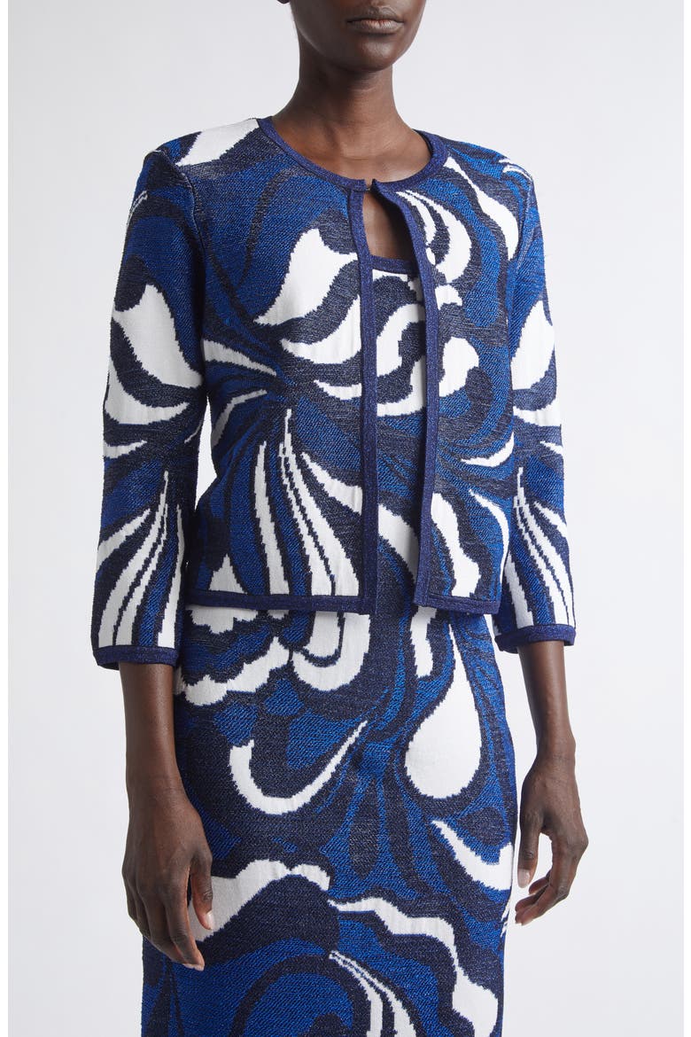 Nancy Midcentury Scroll Jacquard Knit Jacket, Alternate, color, MIDNIGHT/ COBALT METALLIC