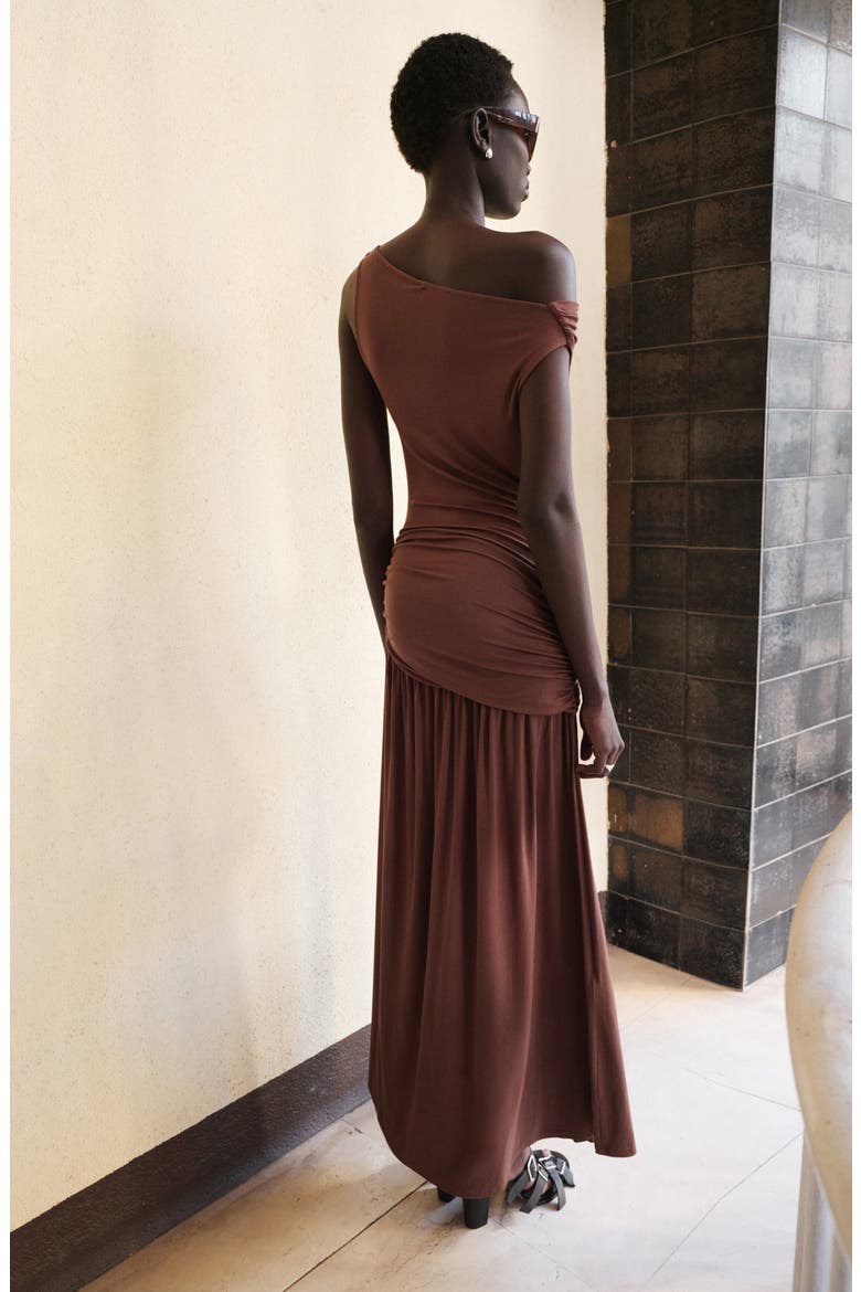 Asymmetric Gather Maxi Dress, Alternate, color, BROWN
