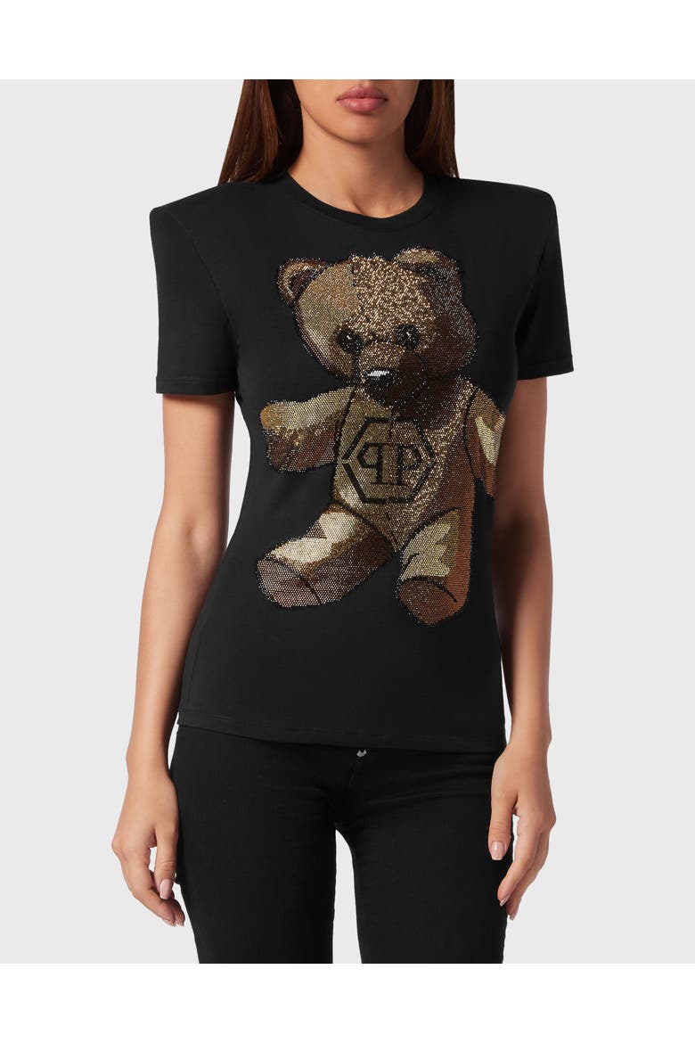 Padded Shoulder Sleeveless T-Shirt Sexy Pure Fit With Crystals Teddy Bear Women, Main, color, black
