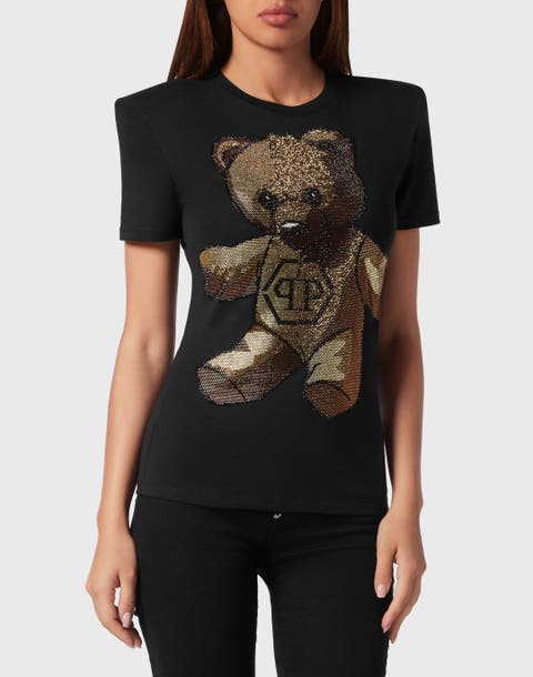 Padded Shoulder Sleeveless T-Shirt Sexy Pure Fit With Crystals Teddy Bear Women